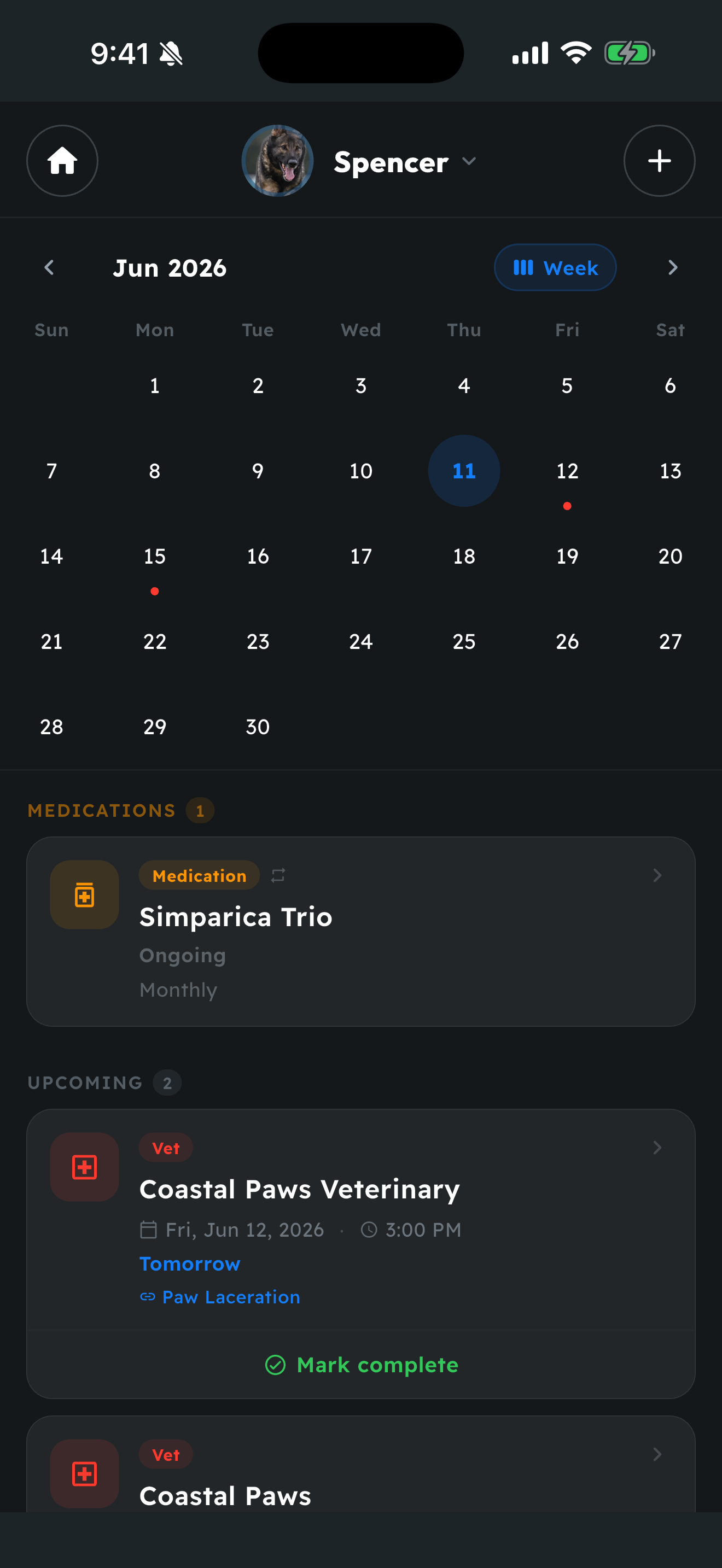 PackLeader calendar showing upcoming vet appointments and medication reminders