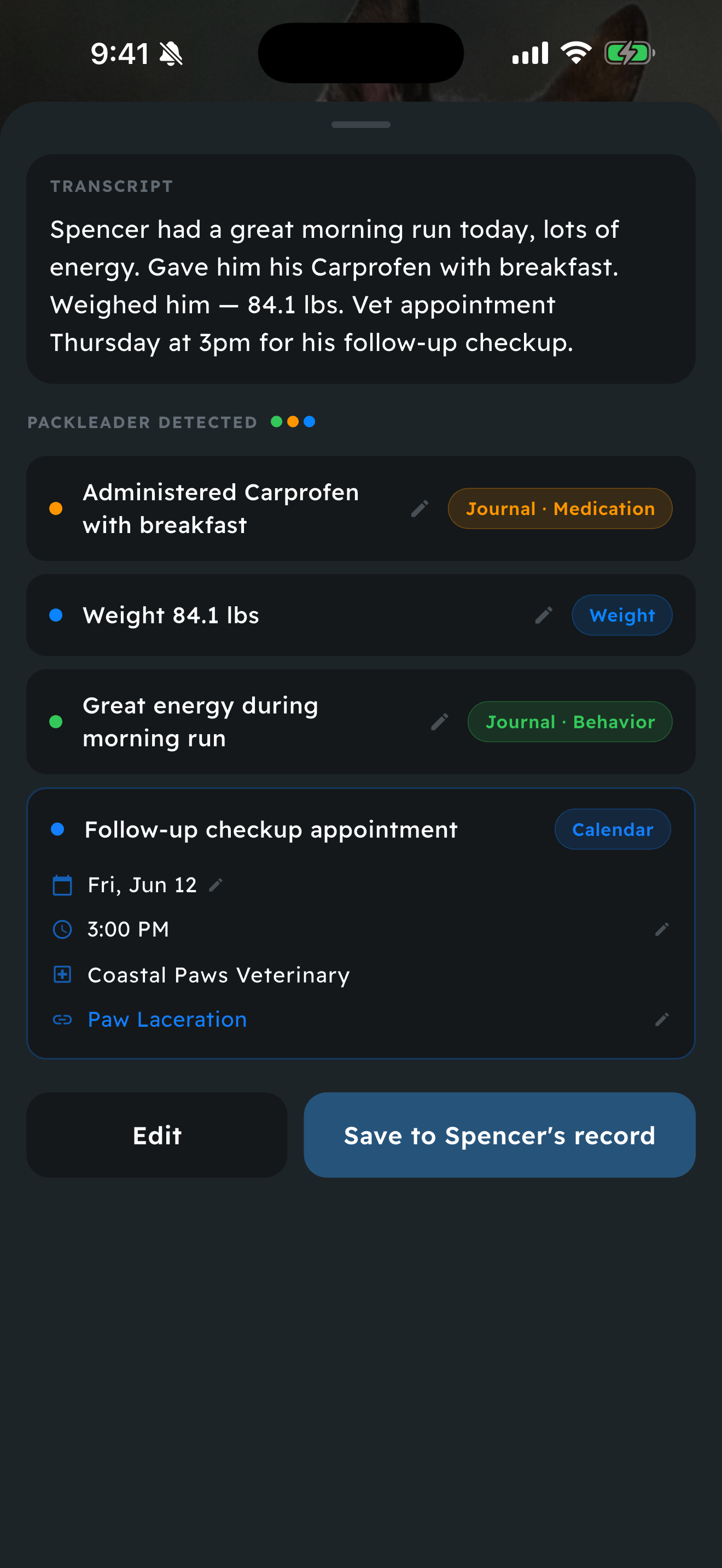 PackLeader Daily Note showing AI-detected entries from a spoken note