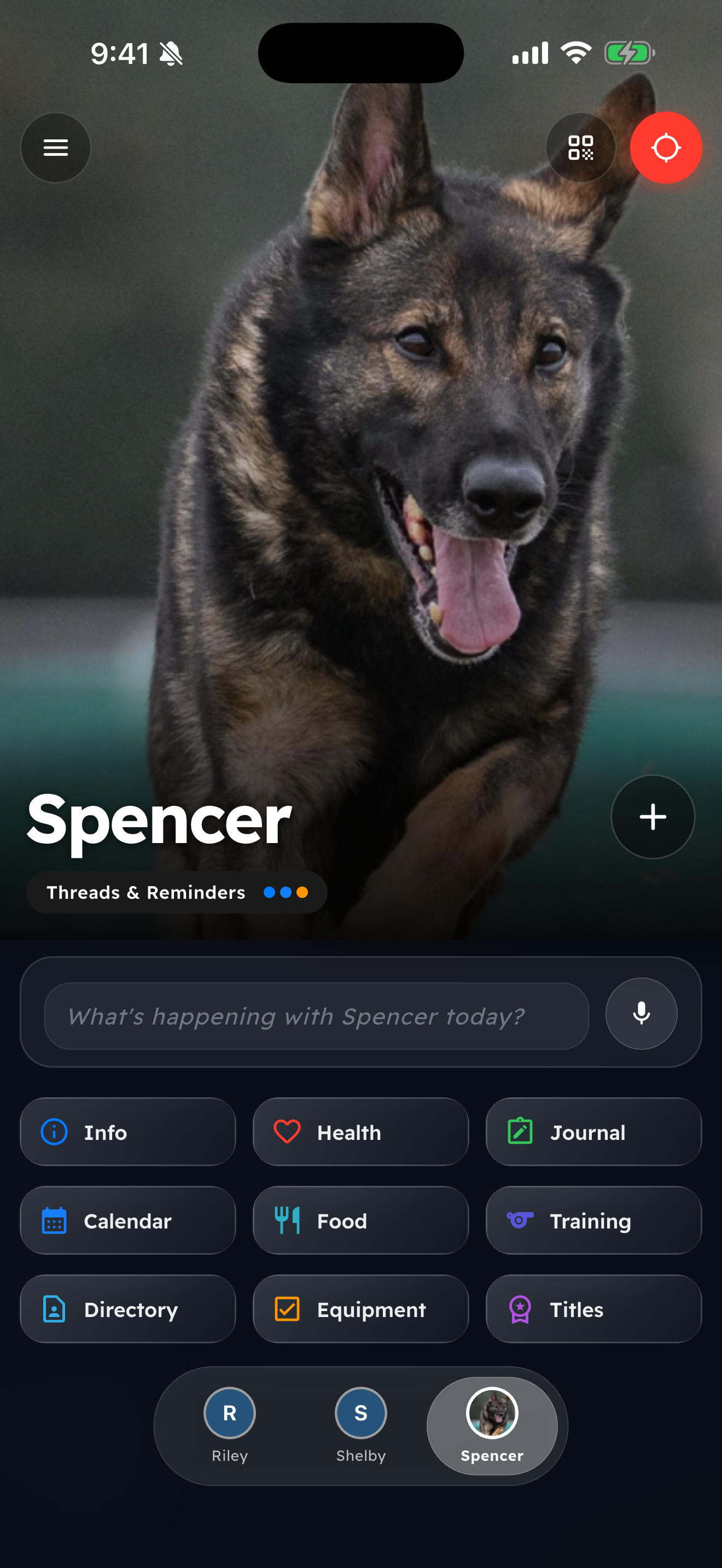 PackLeader dog management app home screen showing Spencer with Daily Note and feature grid