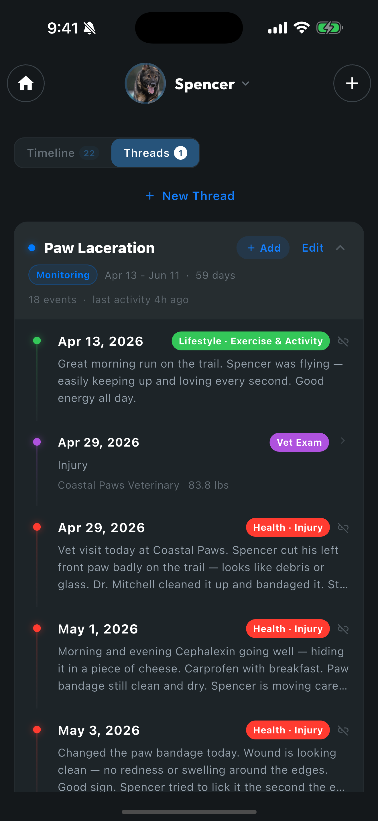 PackLeader health thread showing Paw Laceration with 17 events over 59 days