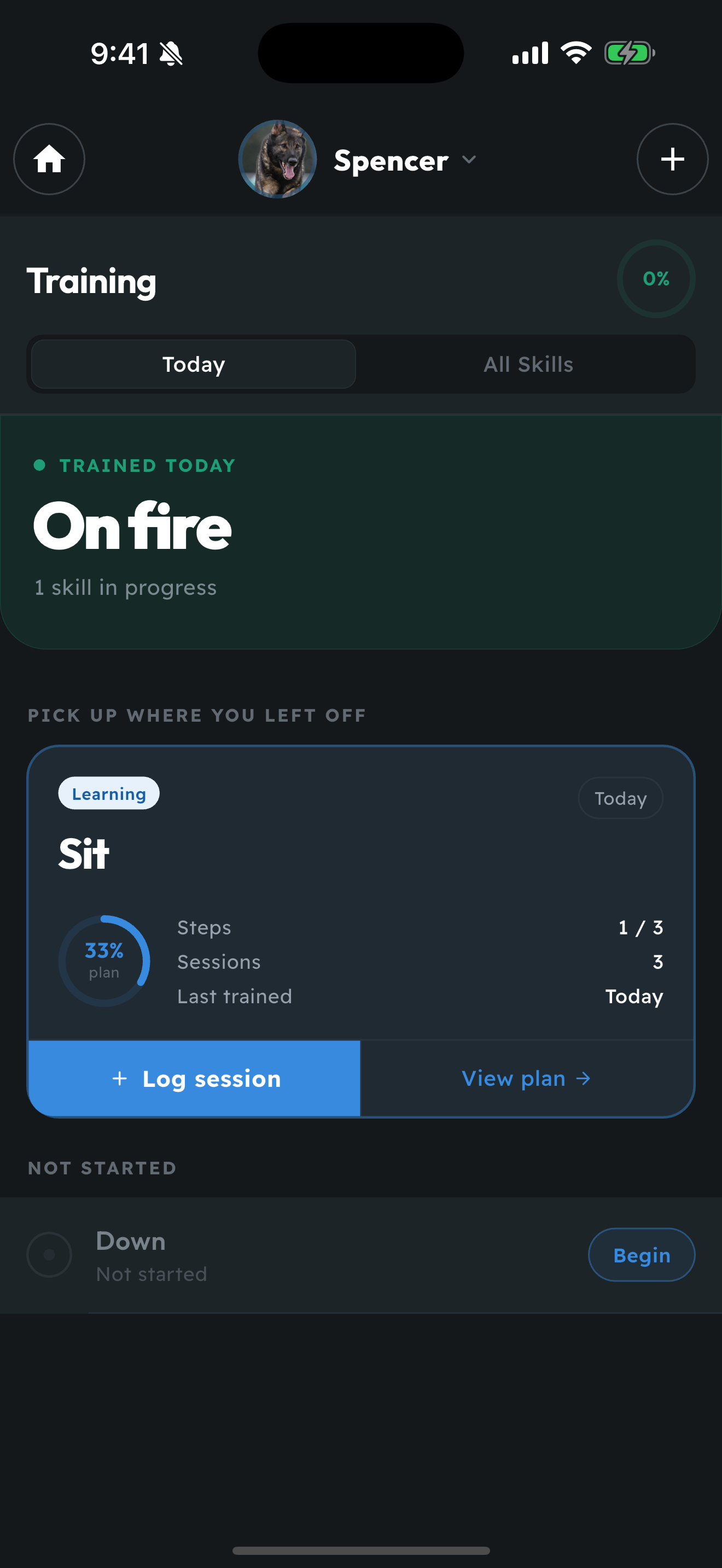 PackLeader training screen showing On Fire status and active skill progress